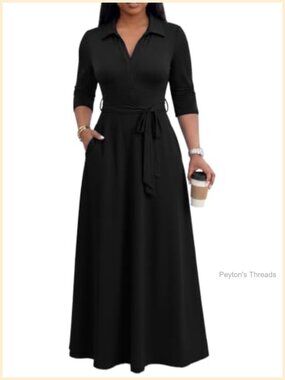 Women's V-Neck 3/4 Sleeve Maxi Dress with Pockets Semi Formal Church Dress